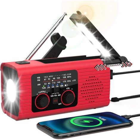 Radio d'urgence à manivelle alimentée à l'énergie solaire 4000 mAh, radio AM/FM/NOAA, avec chargeur, lampe torche et alarme SOS, rouge.