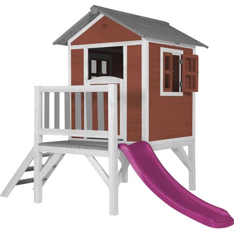 Axi Maison Enfant Beach Lodge Xl En Rouge Avec Toboggan Violet Maison De Jeux En Bois Ffc Pour Les Enfants Maisonnette / Cabane En Bois