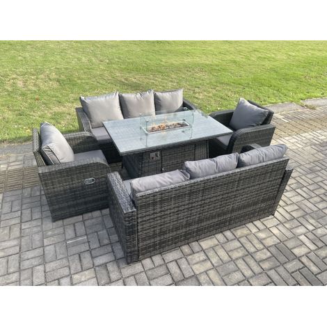 Fimous Rattan Gartenmöbel Sofa Set Gas Feuerstelle Esstisch mit 3-Sitzer Sofa Sessel 8-Sitzer Dunkelgrau Gemischt (1/5)