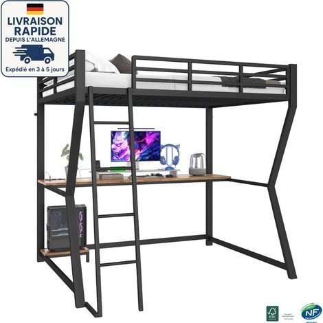 MODFU - Letto 90×200cm - Letto a soppalco per adulti e bambini 140x200cm, con LED e tavolo, presa + USB, anticaduta, senza materasso, metallo, nero (1/5)