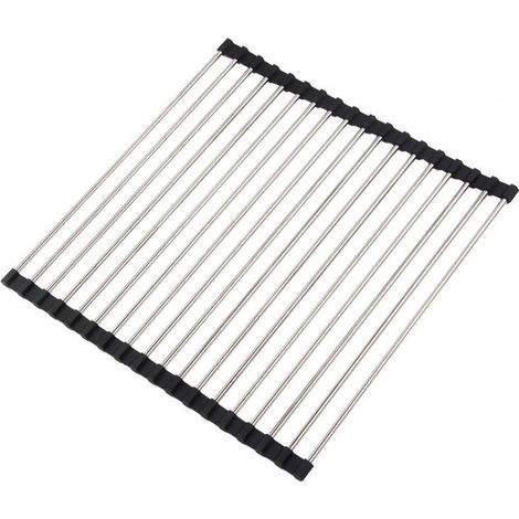 Zusammenklappbarer Geschirrabtropfkorb aus Edelstahl für die Küchenspüle mit Matte (1/4)