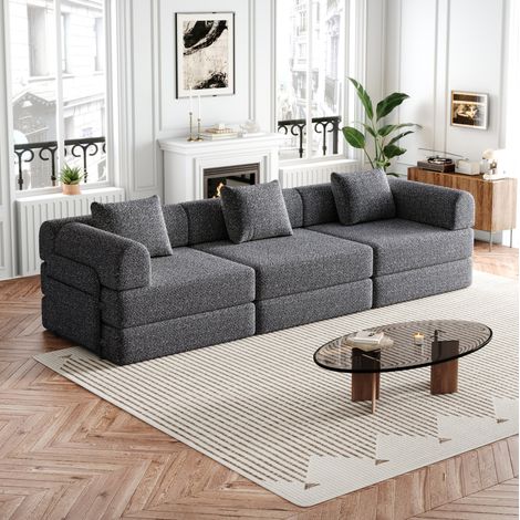 Canapé-lit modulaire en chenille grise avec rangement dans l’accoudoir (1/5)