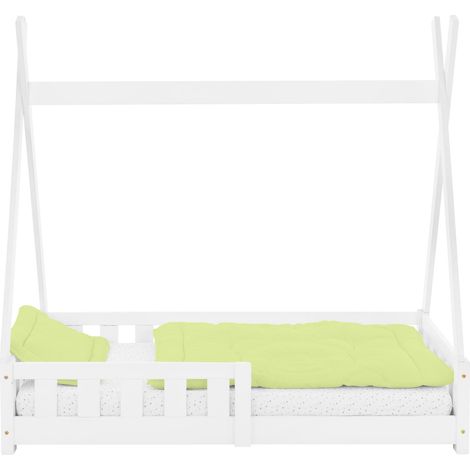ML-Design Cama Infantil Tipi 70x140cm con Protección Anticaída y Somier Estructura Listones de Madera de Pino Maciza Color Blanco Lecho de Suelo Forma de Casa Mobiliario Juego Tienda de Campaña Niños (1/5)