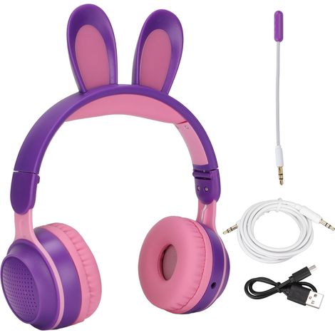 Casque Bluetooth sans fil supra-auriculaire à oreilles de lapin, pliable, compatible TF/Aux, avec lumières LED, Bluetooth 5.0, universel pour téléphones portables et ordinateurs, violet (1/5)