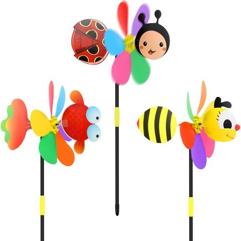 3 Pièces Moulin à Vent 3D Animaux, Plastique, Décor Jardin Extérieur, Cours/Balcons/Patios