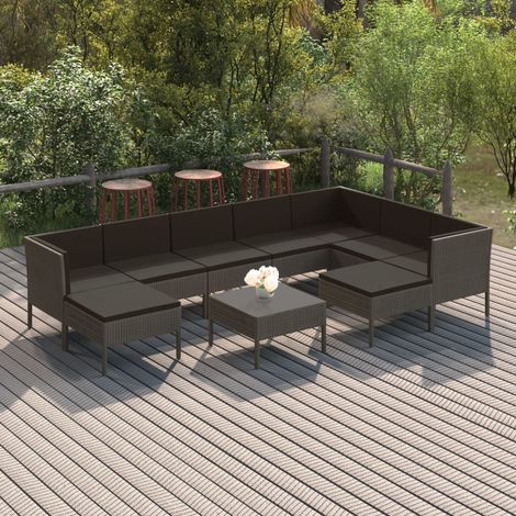 Salon de jardin 10 pcs Meuble de jardin Mobilier de jardin avec coussins Résine tressée Gris 77446 (1/5)