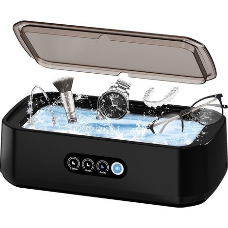 Nettoyeur de bijoux à ultrasons, 50 kHz, nettoyeur de bijoux, lunettes, bagues, bracelets de montre, 3 modes avec minuterie numérique, 650 ml, réservoir d'eau en acier inoxydable 304, noir (1/5)