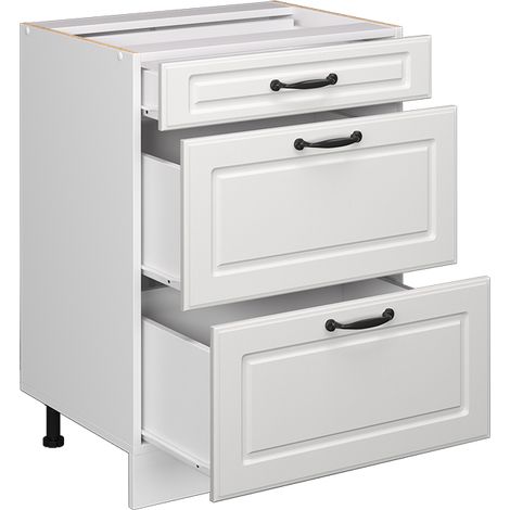 Mobiletto base per cucina R-Line, Bianco casa di campagna, 60 cm con cassetti, senza piano di lavoro, Vicco