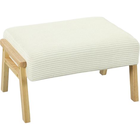 Repose-pieds avec coussin d'assise moelleux, pieds en bois, aspect velours côtelé, blanc crème idéal pour salon, chambre à coucher ou bureau en bois massif solide et élégant