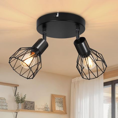 Plafonnier Spot Orientable avec Douille E14 - Style Rétro Spots de Plafond - Plafonnier Led Cuisine 2 Spots Noir - plafonnier industriel pour Cuisine Chambre Salon, Sans Ampoules (1/5)