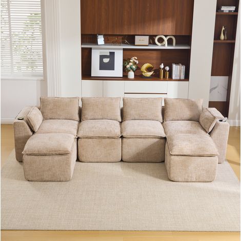 Modulares 4-Sitzer-Sofa 322x161x75 cm khaki Chenille mit Hockern, Kissen, Getränkehalter und Seitentaschen (1/5)