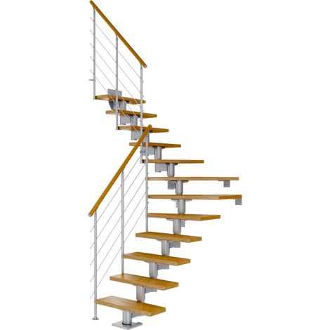Dolle Mittelholmtreppe Cork Eiche, lackiert 1/4 gewendelt 75 cm breit für GH 259 – 315 cm UK Metall Perlgrau mit Geländer