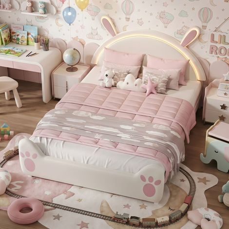 Letto per bambini 140x200 cm, con rete a doghe, letto singolo a tema principessa con testiera a forma di coniglietto e illuminazione a LED - Rosa (1/5)