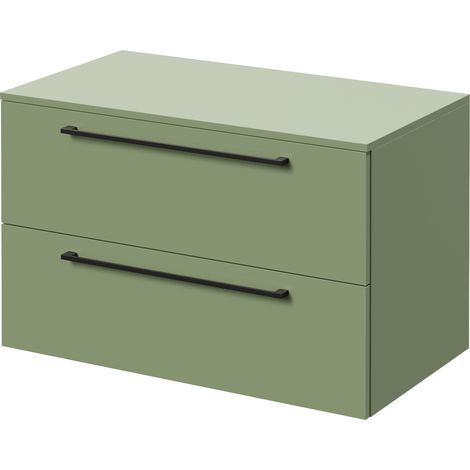 Napoli 460 Olive Green 800mm Wall Mounted 2 Drawer Vanity Unit for Countertop Basins - 800mm - Matt Black 480mm Handle