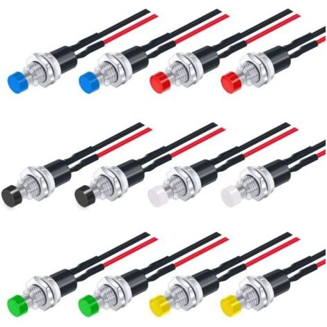 12pcs 7mm Précâblé Momentané Mini Bouton Poussoir 3V-6V-12V-24V-230V/1A,Ouvert Normale SPST on/Off 2 Broches Bouton Rond pour Modèle Ferroviaire Hobby (1/5)