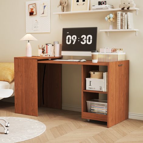 Bureau pliable 2 en 1 convertible en meuble de rangement, 4 roulettes, 126x55x75 cm, noyer, pour maison et bureau (1/5)