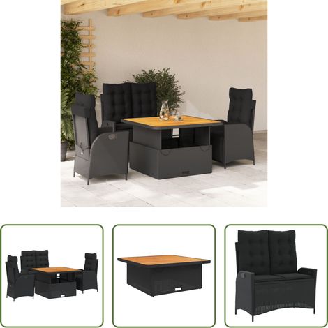 Gartenbank - 4-tlg. Garten-Essgruppe mit Kissen Schwarz Poly Rattan (1/5)
