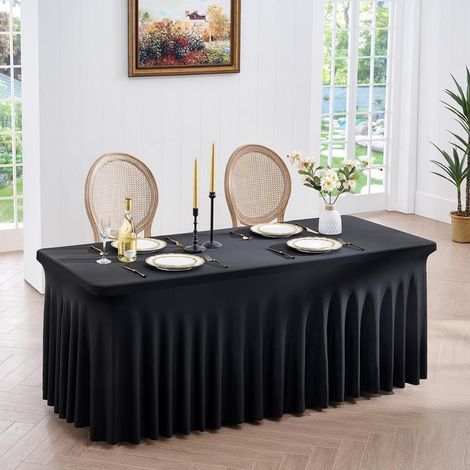 Schwarze Spandex Tischdecke mit Rock für 180cm Tische, Faltenfrei & Dehnbar