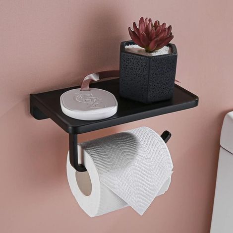 Schwarzer Toilettenpapierhalter mit Ablagen, mattschwarzer, rostfreier Toilettenpapierhalter, wandmontierter Toilettenpapierhalter, Toilettenpapierhalter aus massivem Metall fürs Badezimmer (1/4)