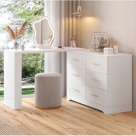 Coiffeuse pivotante 110/40/129 cm blanc doré avec LED et grand espace de rangement (1/5)