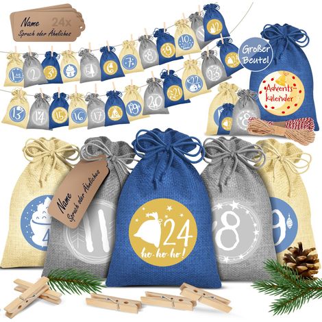 KESSER® Calendario dell'Avvento da riempire con 24 sacchetti di juta Sacchetti in tessuto stampato Calendario di Natale per bambini da riempire da soli Incl. 24x cartellini Blu / 14x10cm