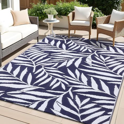Tapis d'extérieur imperméable, pour balcon, camping, résistant aux UV, lavable, pour terrasse, jardin, camping-car, 150 x 240 cm, bleu marine et blanc (1/5)