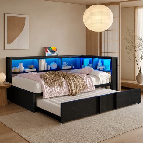 Lit simple 90x200 avec lit gigogne LED USB noir HAVRYA (1/5)