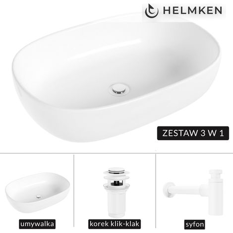 Lavabo de encimera Helmken 83660000 (60x42,5) blanco + sifón blanco + tapón de clic blanco (1/5)