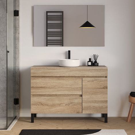 Meuble de salle de bain 120cm avec plateau et vasque à poser ronde - porte et tiroirs - cambrian (chêne clair) - LAZARO (1/5)