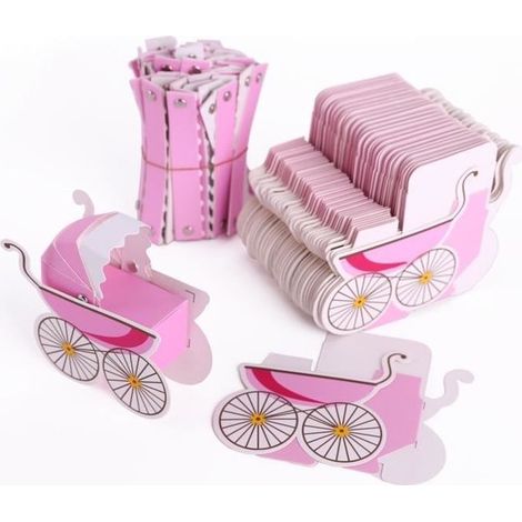 50x Boîte à dragées bonbonnière Poussette rose fille bébé baptême cadeau faveur 3x2x5,5cm (1/4)