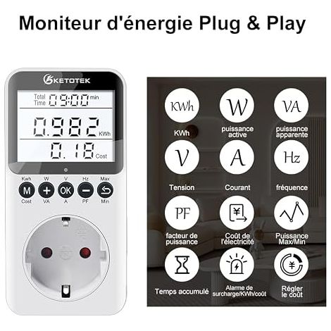 Wattmetre Prise, Compteurs D'énergie, Mesure Consommation Electrique, Compteur Electrique avec Écran LCD Surcharges 3680W (1/3)