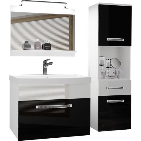 BELINI Meuble de Salle de Bain Lavabo Inclus, Meuble sous-Vasque, Miroir et Cabinet Haut Largeur: 100 cm Kit d'éclairage Inclus Couleur : Noir très Brillant/Blanc très Brillant (1/5)