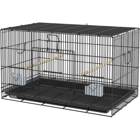 Jaula para pájaros metálica 77x46x45 cm con bandeja extraíble 2 perchas 2 comederos negro