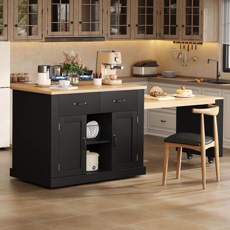 Îlot cuisine roulant extensible 132-235 cm table escamotable bar coulissant étagères réglables (1/5)