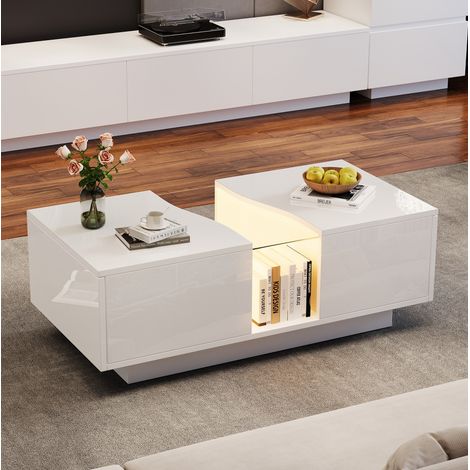 Mesa de centro 100x50x35 cm blanca MDF y acrílico con LED, 2 cajones y acabado alto brillo (1/5)