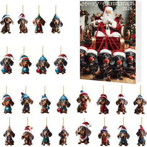Weihnachts-Adventskalender 2026 (Überraschungsbox) – Acryl-Hängeornament – Cartoon-Dackel – Festliches Überraschungsgeschenk (1/5)