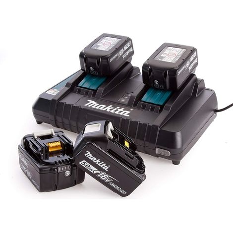 Makita Dual Port Charger with Four BL1850B 18V 5 Ah Batteries, Black