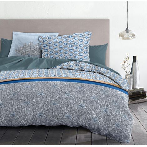 Les Tendances – Housse de couette 240 x 260 cm en coton 100% – Tissage serré 57 fils – Ensemble 3 pièces bleu – Taies d'oreiller 63 x 63 cm - BLEU 240 X (1/3)