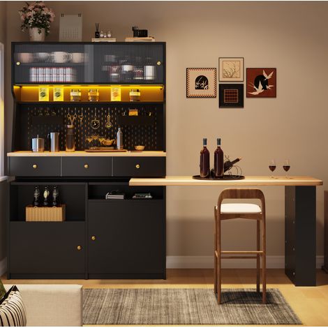 Hochschrank 137×74×177,7 cm mit integriertem Schreibtisch und LED, Schwarz (1/5)