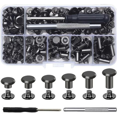 Chicago Lot de 110 vis de liaison Chicago M5 x 4/5/6/8/10/12 mm pour bricolage, décoration en cuir, sacs, artisanat, col, harnais, bagages, portefeuille (gris) (110, Noir, L) (1/5)
