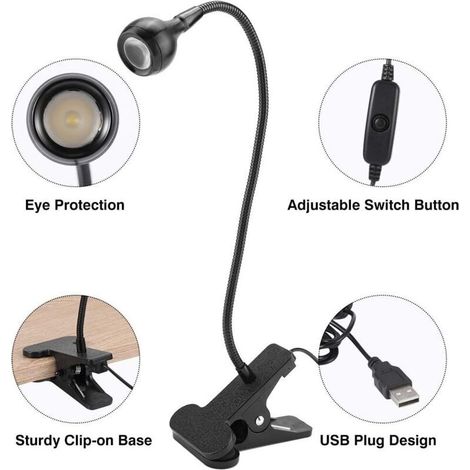 Lampe de table à LED USB, lampe de lecture de tête de lit, lampe de lecture à pince avec clip et port de batterie (1/3)