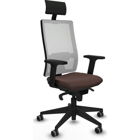 Horna sincro malla blanca similpiel marrón oscuro brazos 2D base piramidal cabecero fijo ruedas 65mm engomadas (1/5)