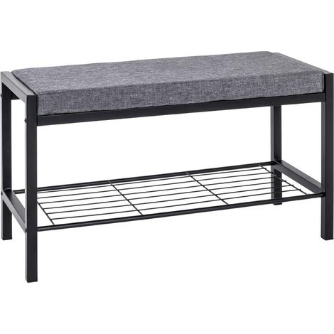 Banc en tissu gris et acier laqué noir - 80 x 32 x 48 cm -PEGANE-
