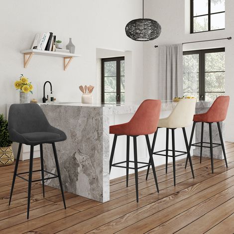 Juego de 4 taburetes de bar THALYA en mezcla de terciopelo color gris oscuro, terracota x2, beige con medios reposabrazos