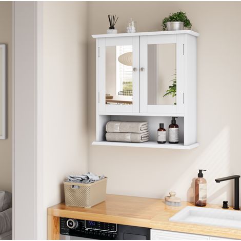 Armoire murale de salle de bain 54,6x19,8x60 cm avec miroir et étagères réglables, blanche (1/5)