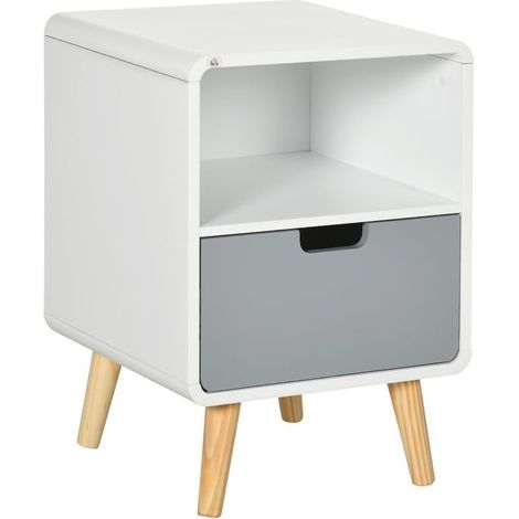Table de chevet blanc style scandinave avec grand tiroir, finition laquée imperméable, dimensions : 40×38×58 cm (1/5)