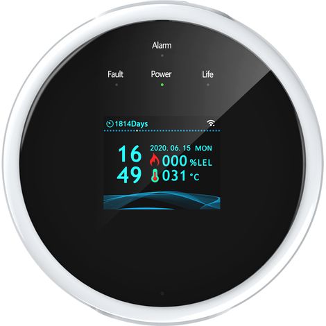 Detector de fugas de gas Wi-Fi y alarma contra incendios con pantalla LCD de montaje en pared, control mediante aplicación, comprobador inteligente de gas natural/GLP, dispositivo de advertencia (1/5)