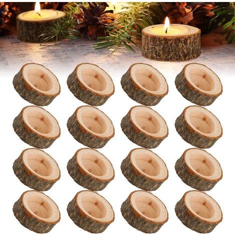 Lot de 16 photophores en bois ronds naturels pour décoration de table pour mariages, décoration de la maison, anniversaires, fêtes de Noël (1/5)