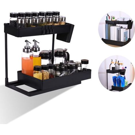 Rangement sous évier avec tiroir de rangement coulissant Rangement sous évier à 2 niveaux avec 4 crochets Rangement sous évier avec panier de rangement coulissant pour cosmétiques cuisine salle de bai (1/5)
