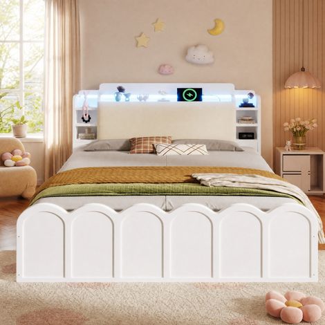 Cama infantil 140x200 cm de madera blanca, con almacenaje para niños, sin colchón -FLORAGRACE (1/5)